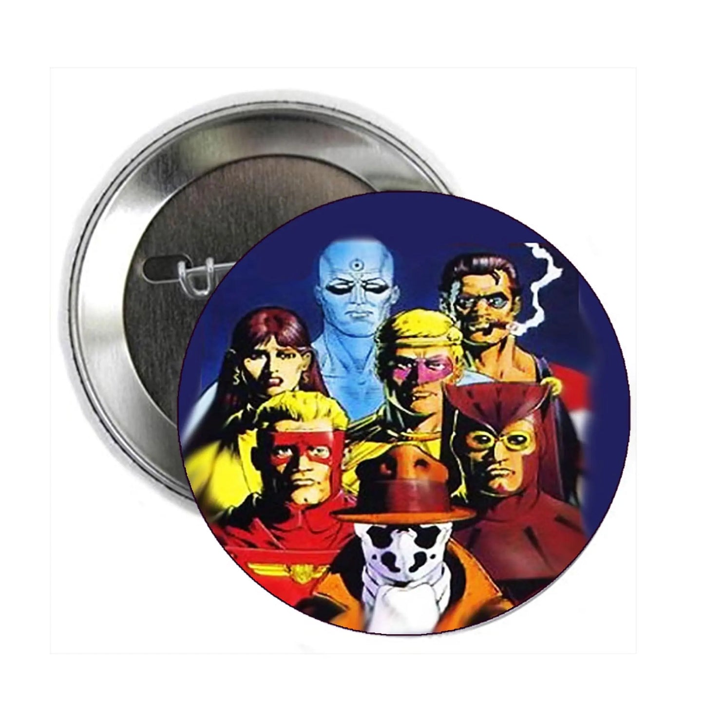 Silver round pinback button with colorful cartoon faces graphic, 2.25-inch