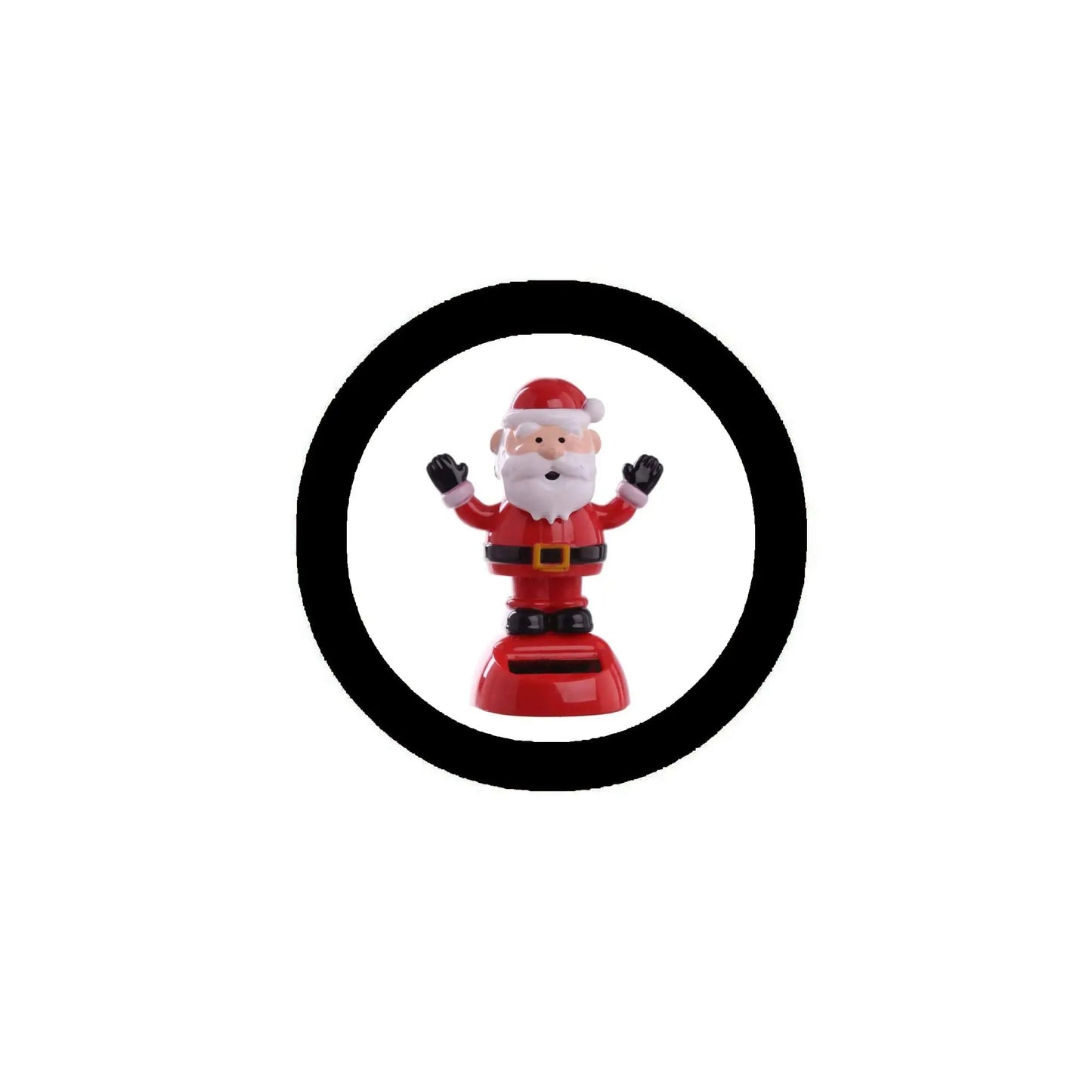 Animated Santa Claus figure in red suit with raised arms inside black circular frame