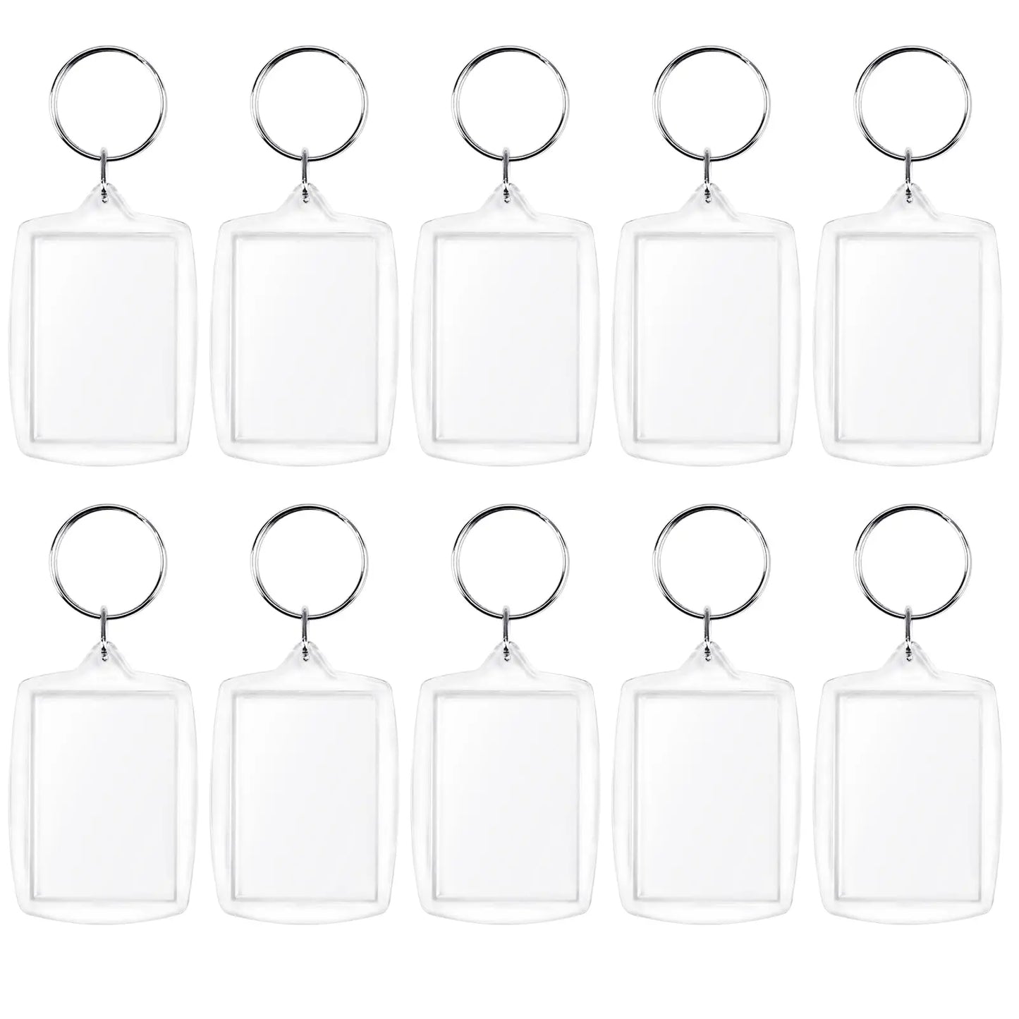 Clear acrylic rectangle photo keyrings, blank inserts with metal split rings (10-pack)