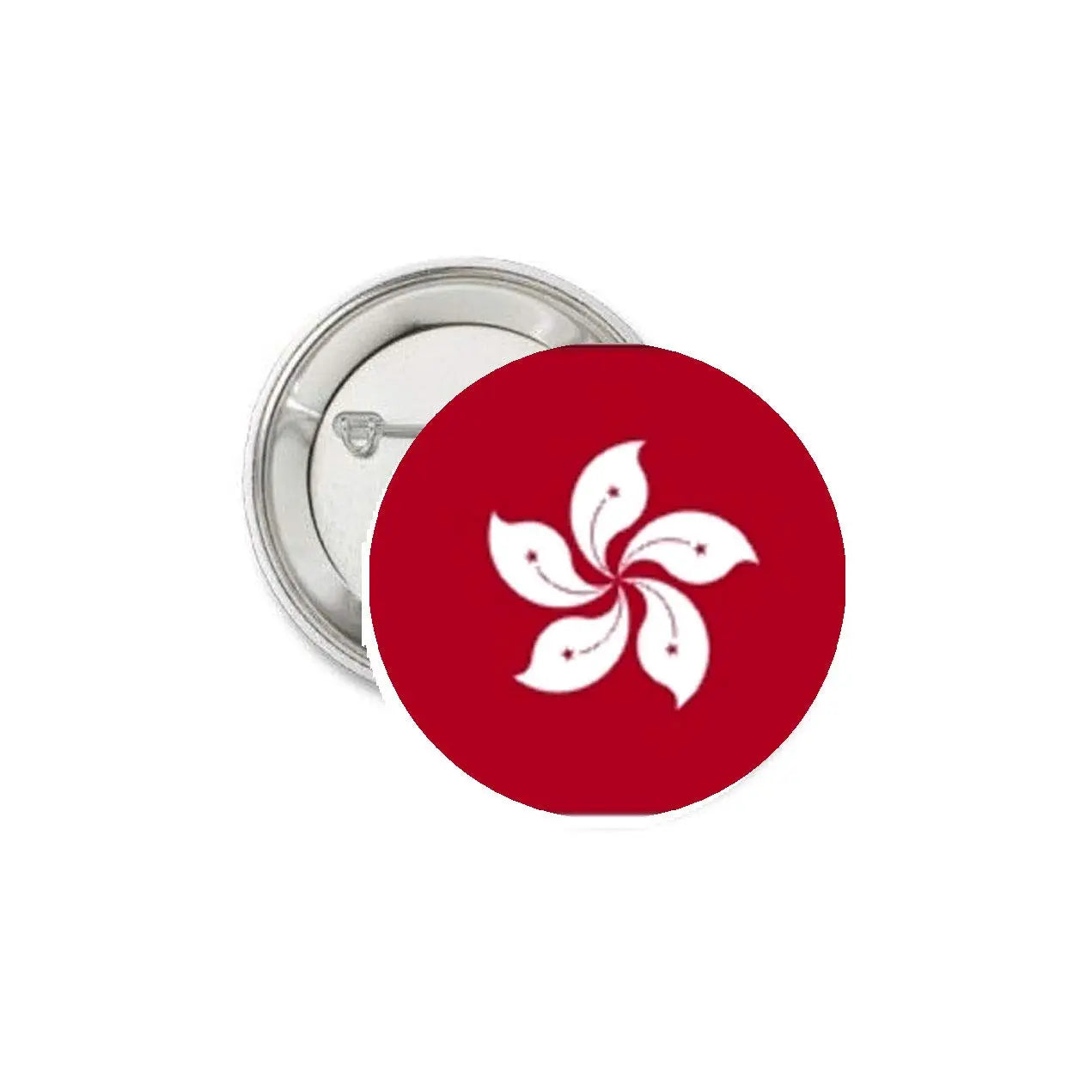 Hong Kong flag round pinback with red field and white bauhinia flower, silver border.
