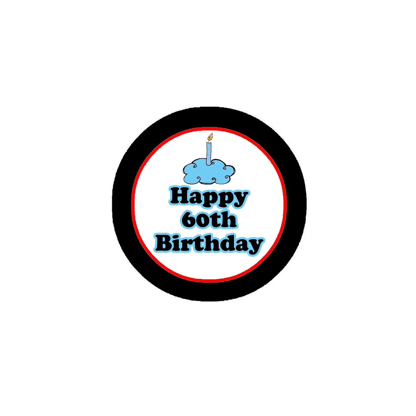Blue Happy 60th Birthday pinback button with cloud icon and candle, black rim