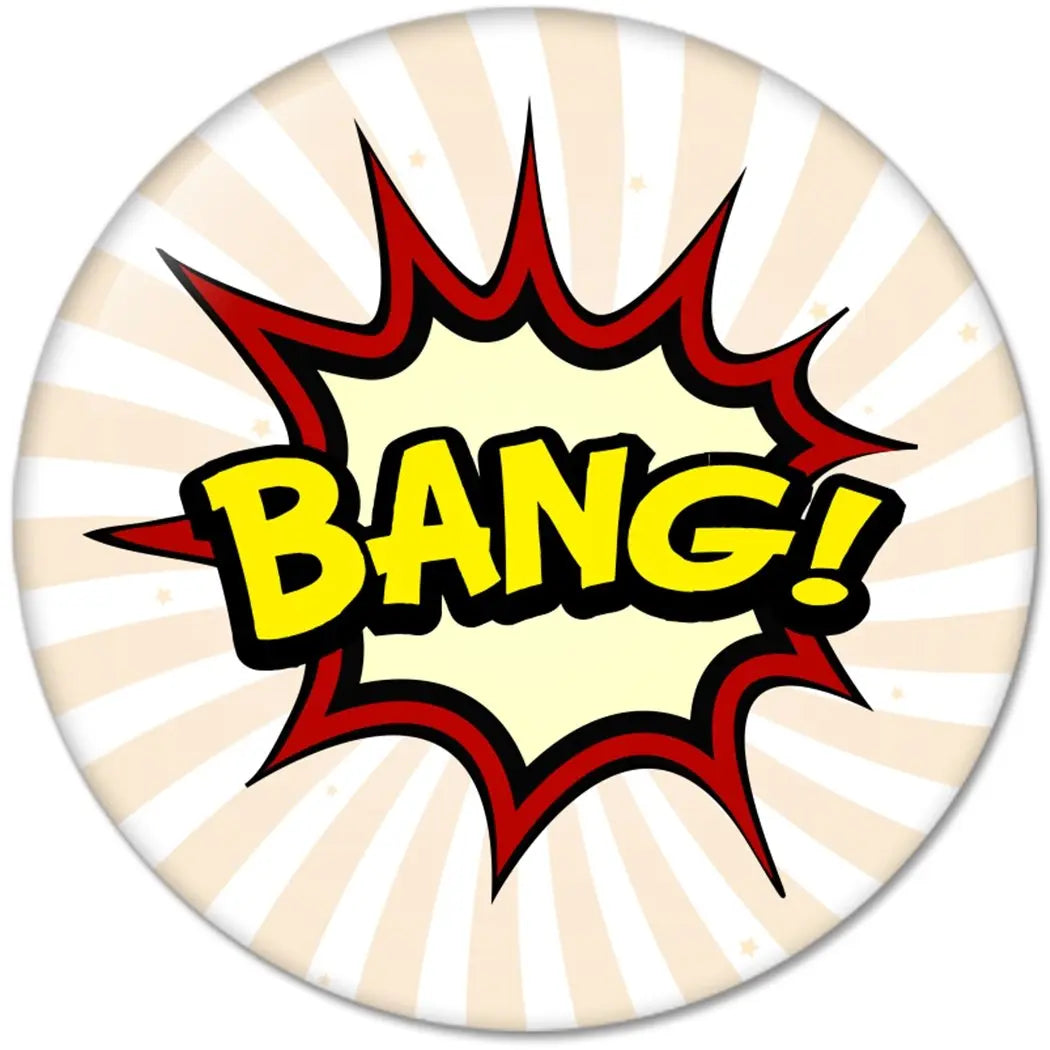 Round comic pinback button with 'BANG!' burst graphic on striped cream background