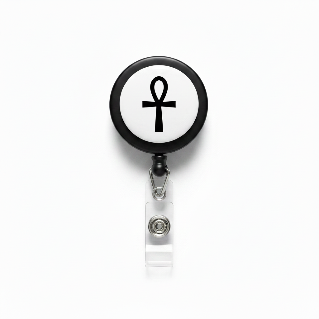 ANHK retractable badge reel with black round case and cross emblem, clear badge clip