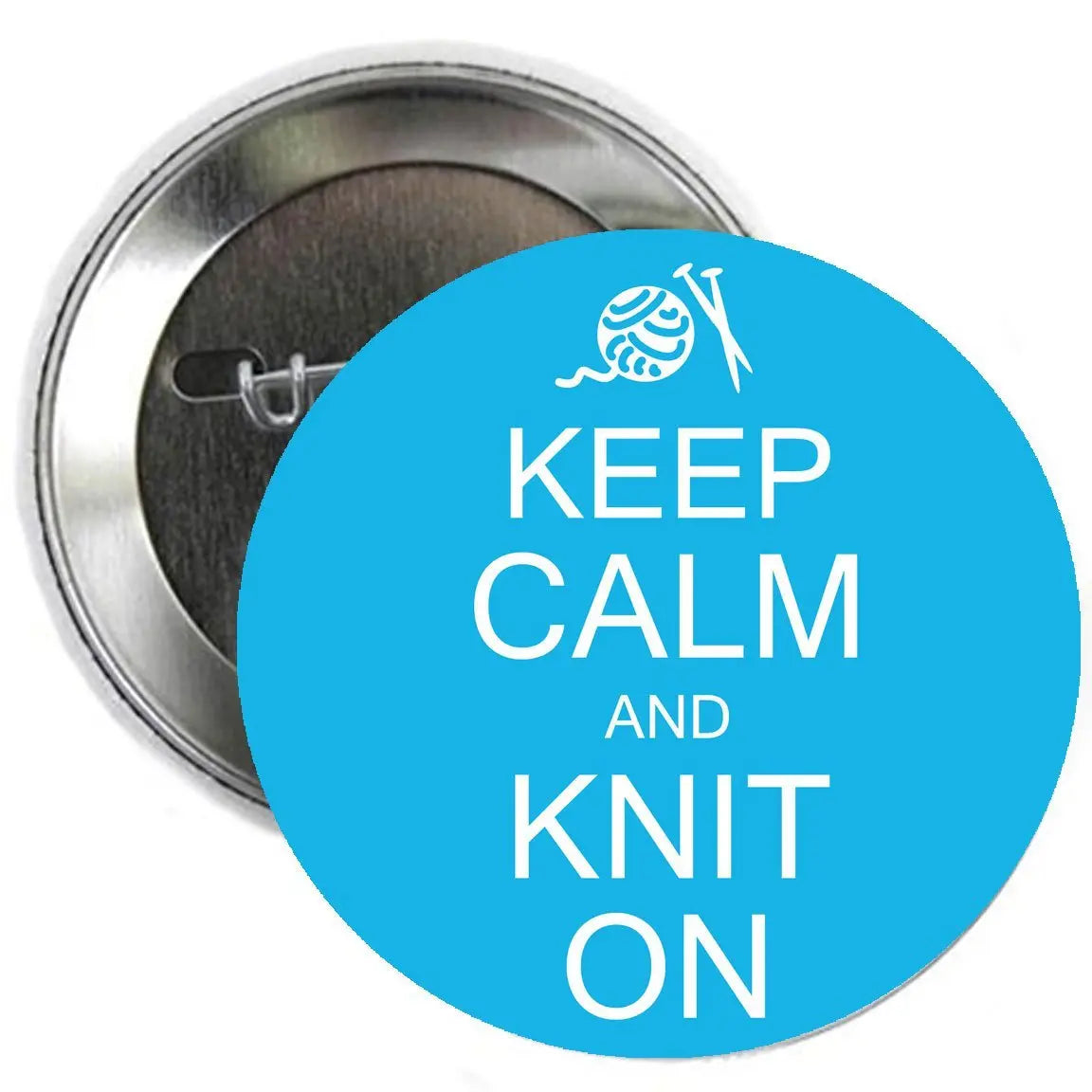 Keep Calm and Knit On pinback button badge with blue circular design
