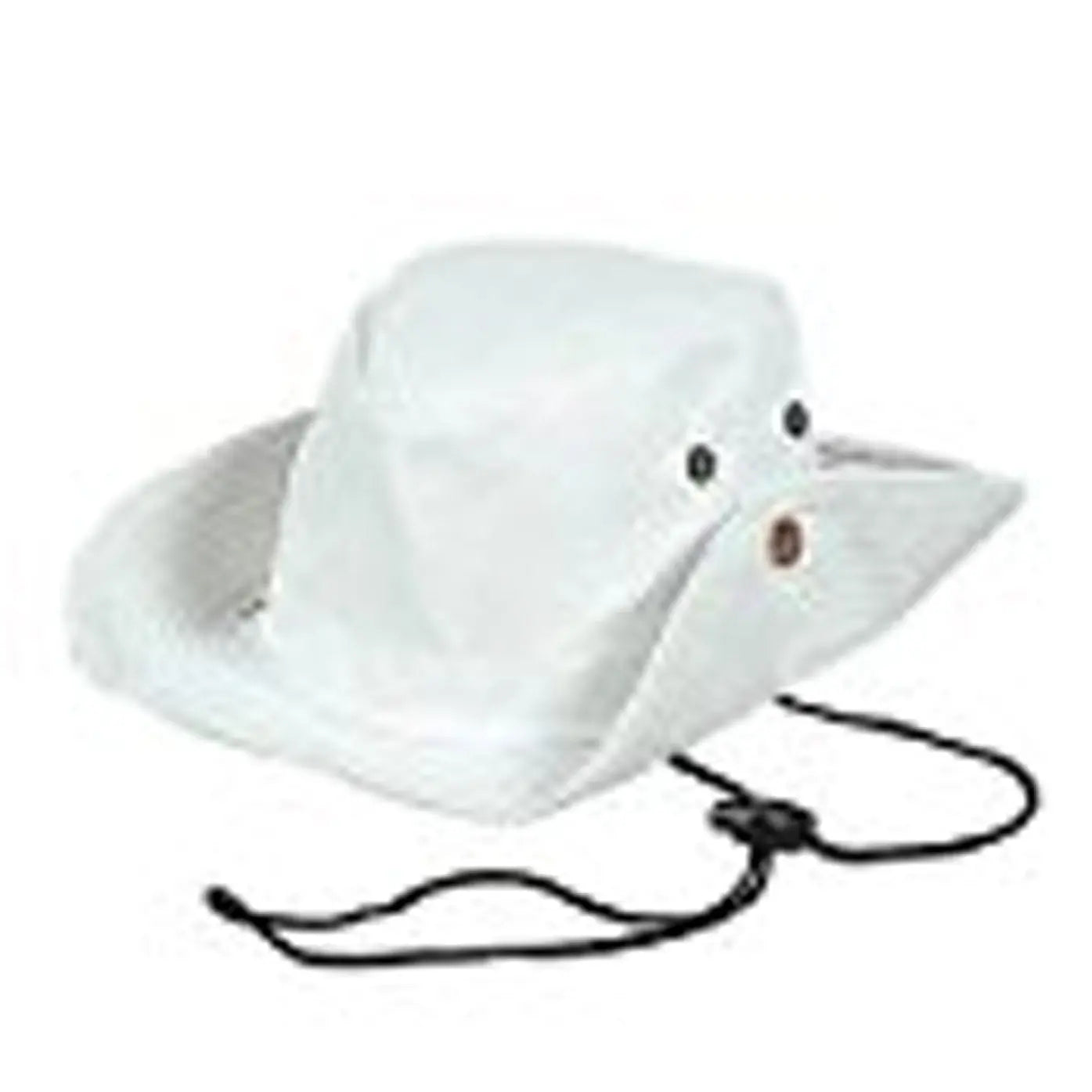White wide-brim hunter hat with side grommets and chin strap