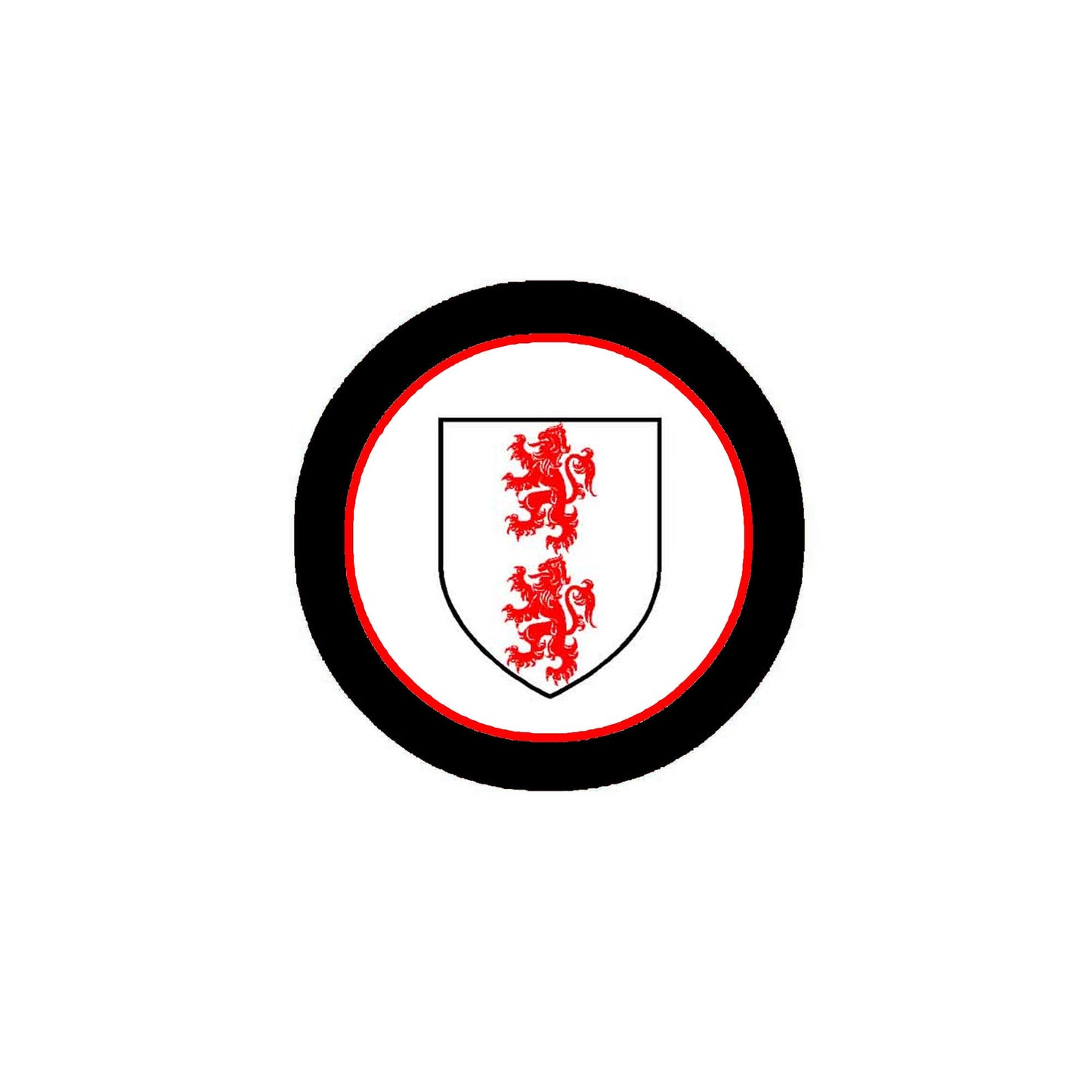 Round coat of arms magnet with red shield on white, black and red rim.
