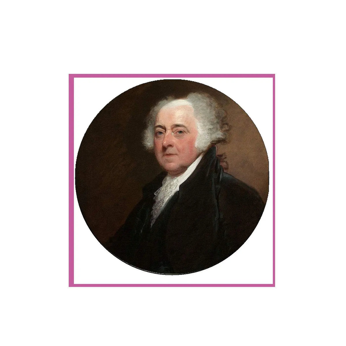 Portrait print featuring an 18th-century man with powdered wig and dark coat