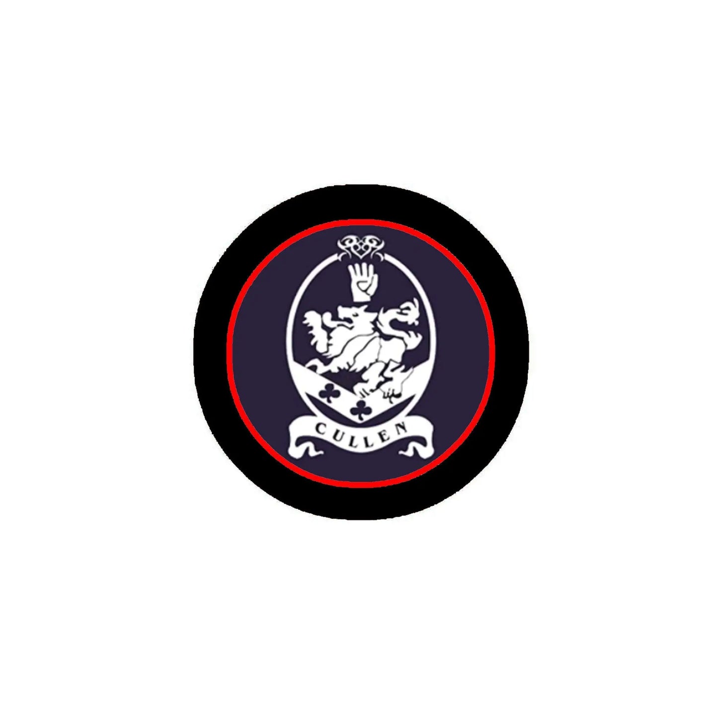 Round 1.25-inch pinback button with Cullen crest emblem, red/white on dark background
