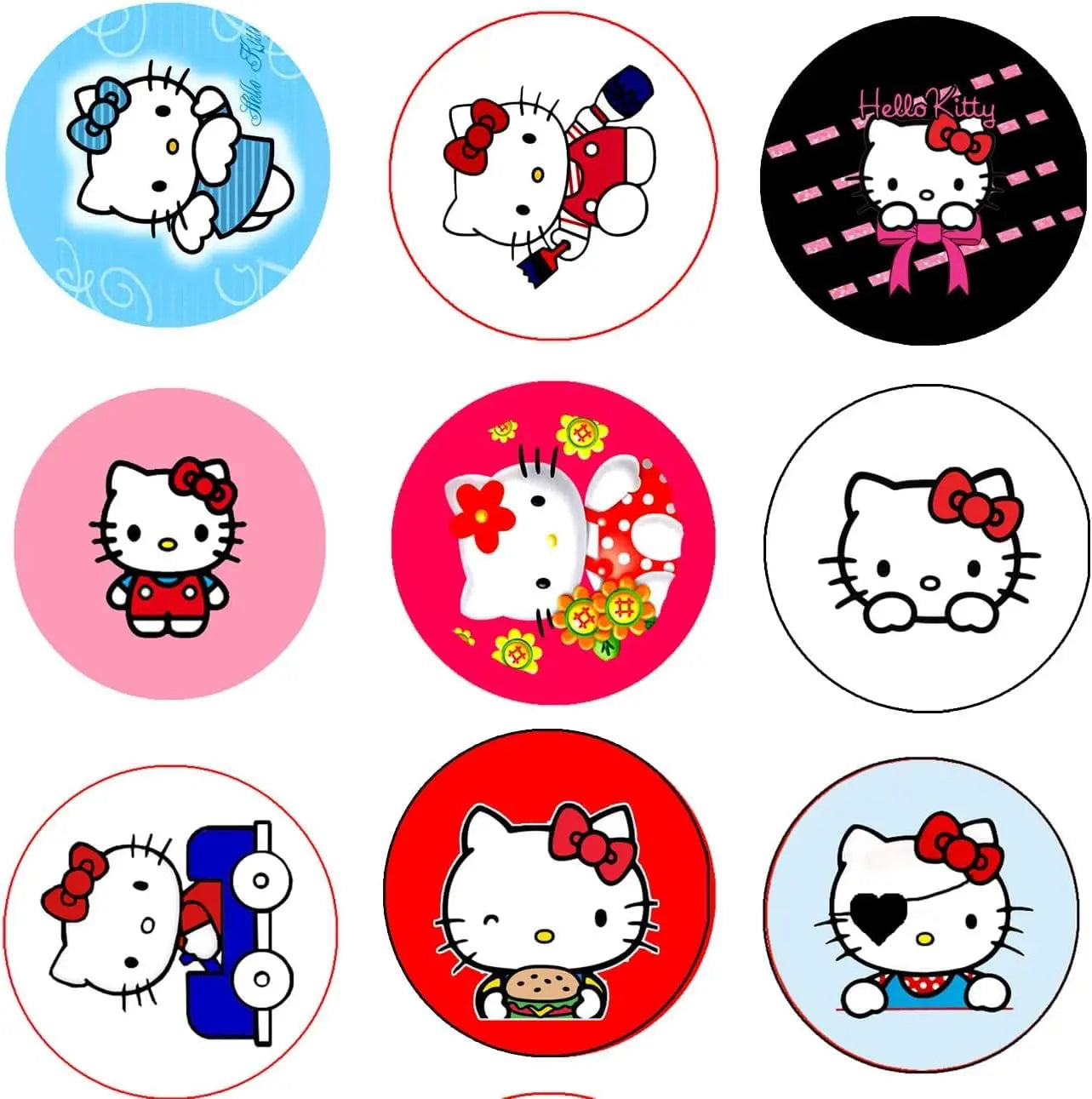 Set of six Hello Kitty enamel pinback badges with assorted cartoon cat designs