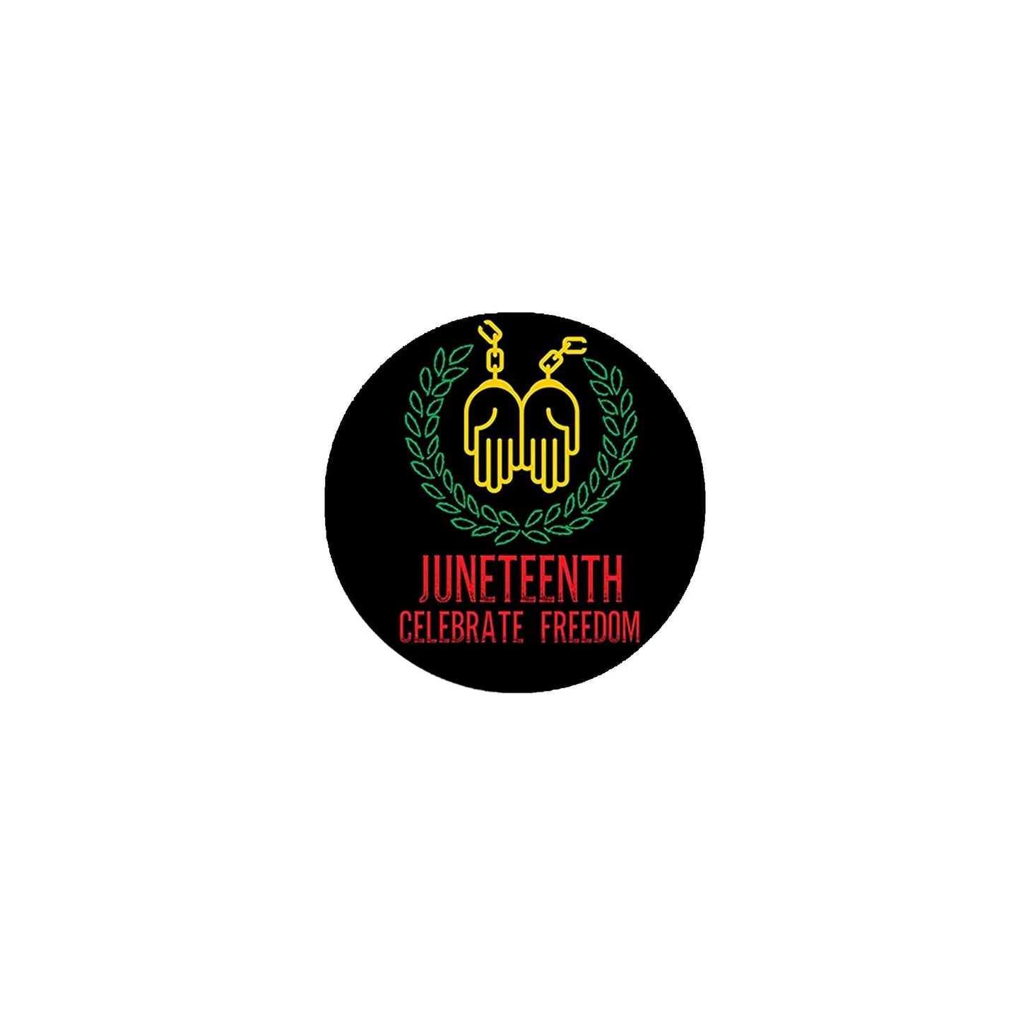 Round black Juneteenth pinback button with yellow hand emblem, green laurel, red text