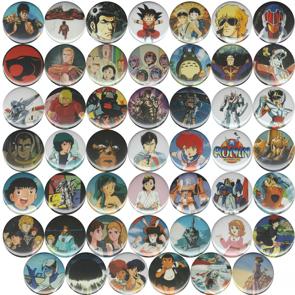 Assorted 1980s anime character round pin buttons, multiple designs in a lot