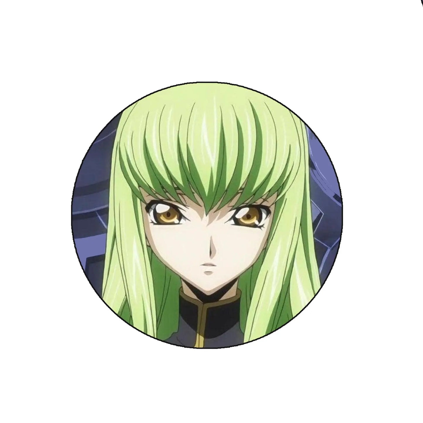 Round badge with anime-style girl illustration, green hair and dark outfit