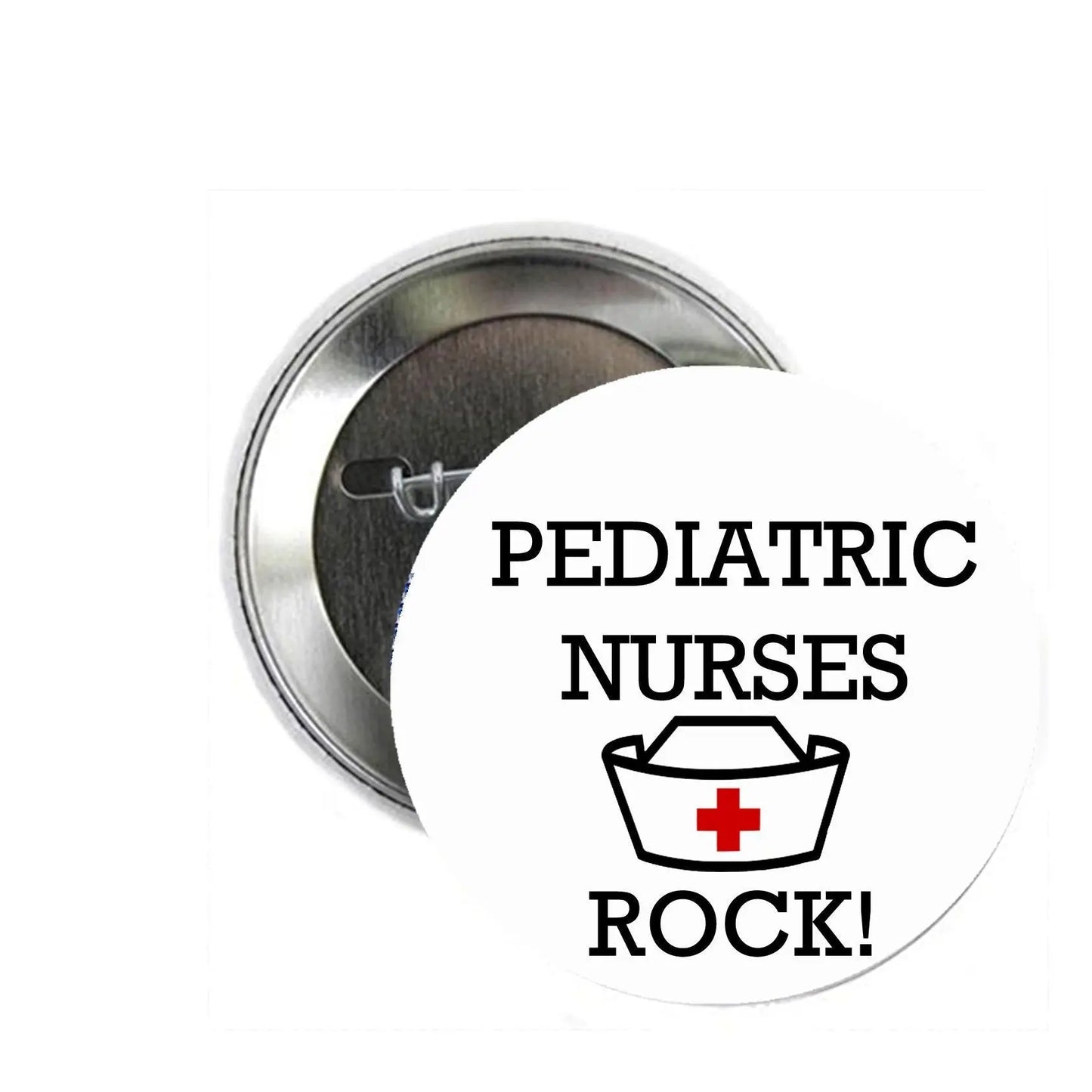 Pediatric Nurses Rock pinback button with nurse bag and red cross, silver rim
