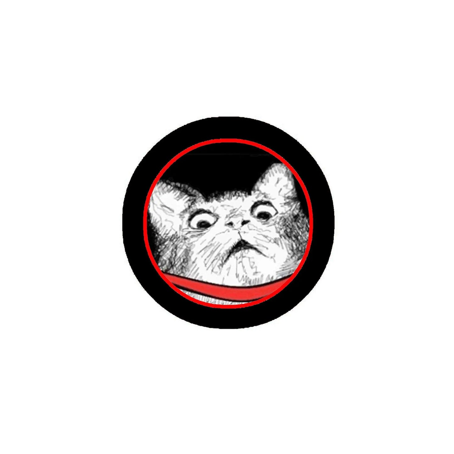 1.25-inch pinback button with black rim, red ring, and grayscale cat face graphic