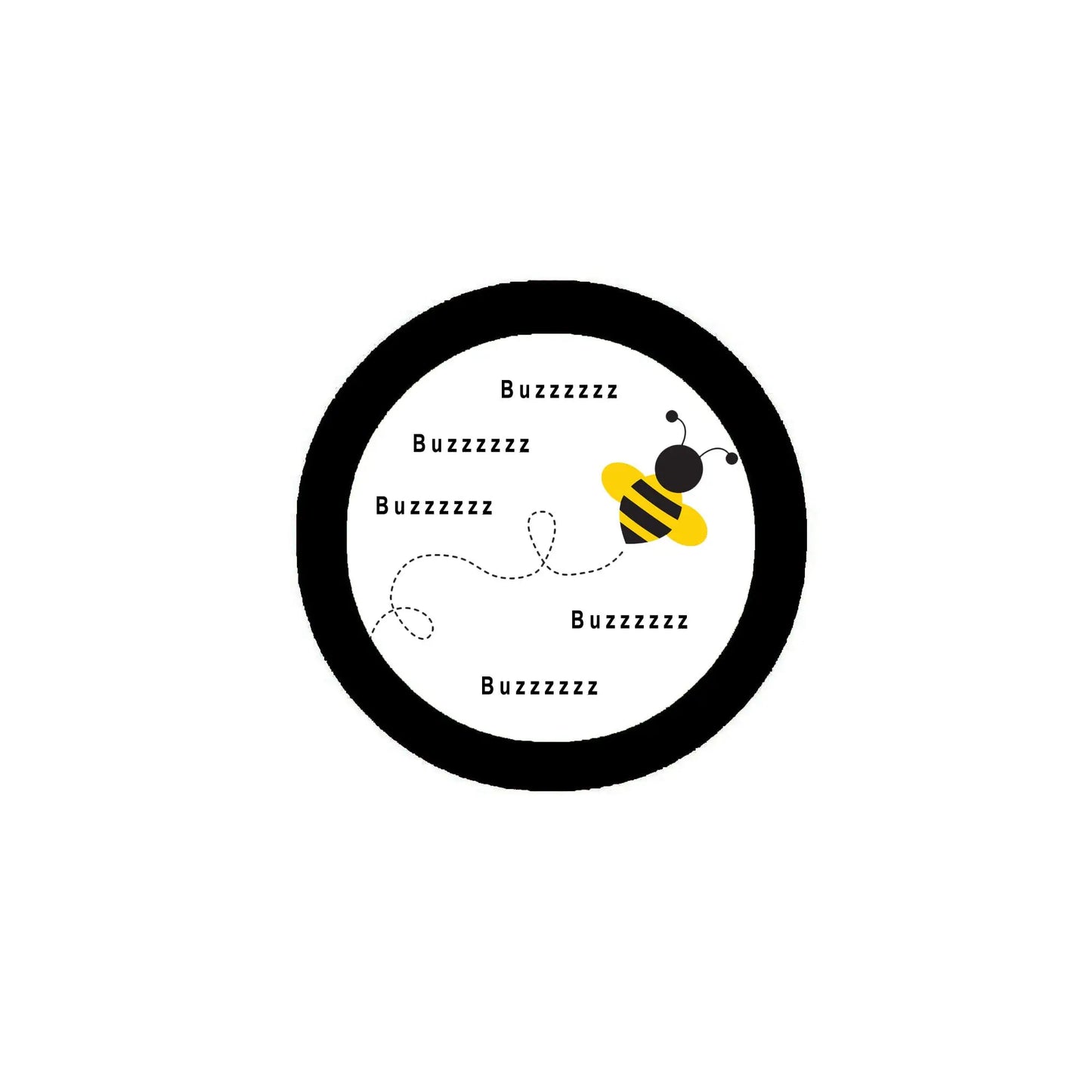 Round black-edged pinback button with bumblebee illustration and repeated 'Buzzzzzz' text