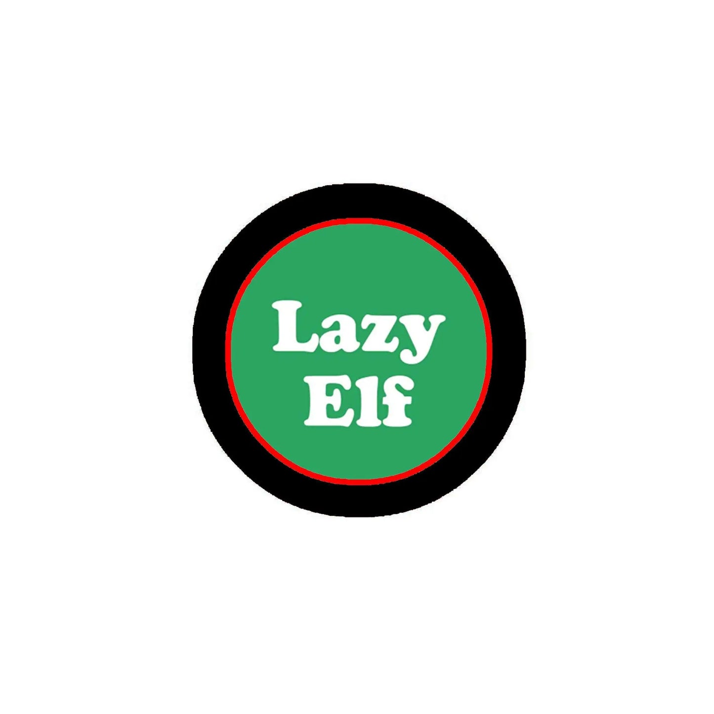 Lazy Elf round logo badge with black outer ring, green center, red outline and text