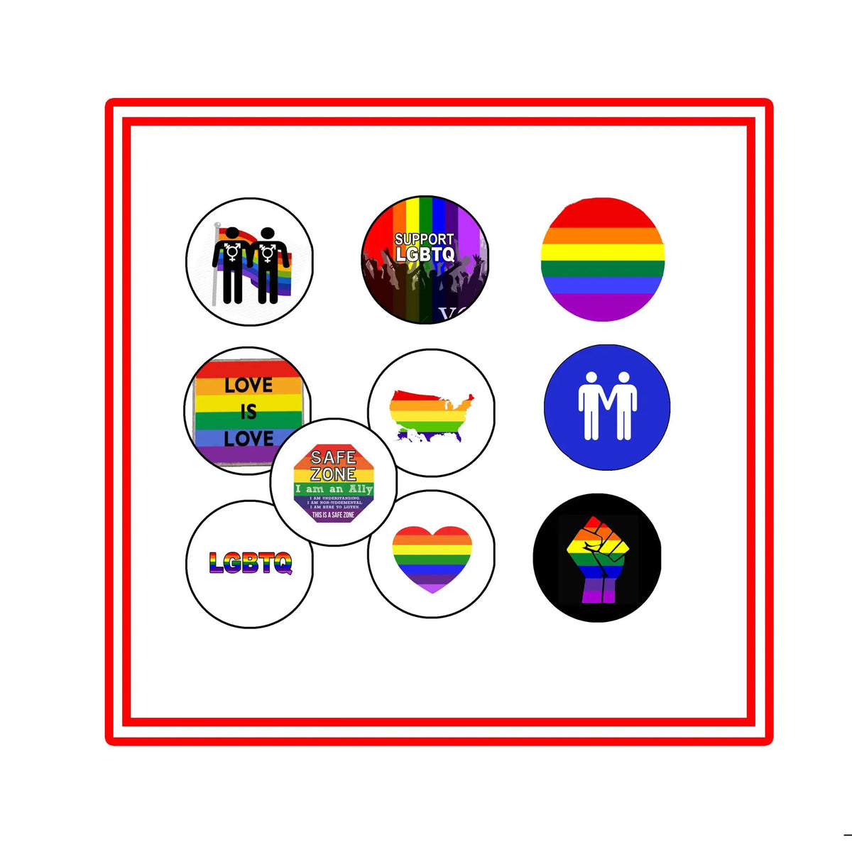 Set of round pride pinback buttons with rainbow and LGBTQ symbol designs