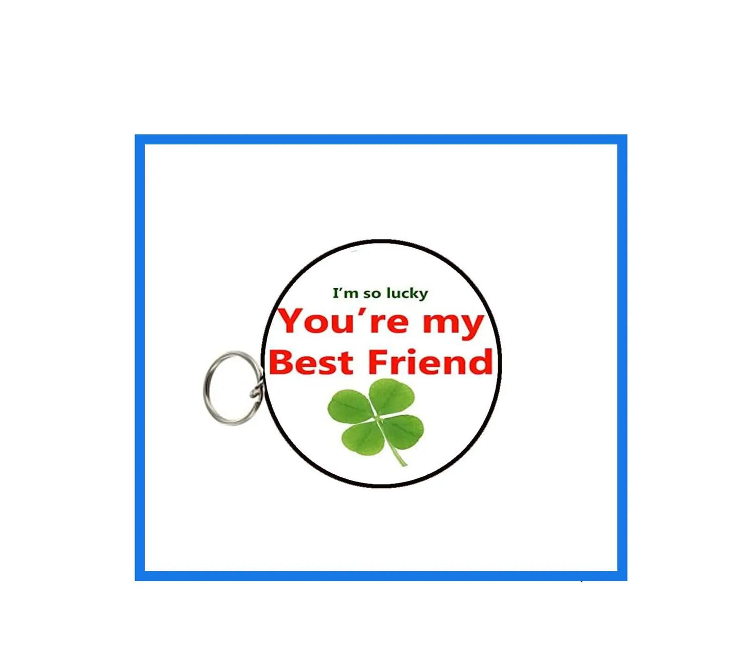Round love friendship keychain with heart lettering, clover charm, and metal key ring