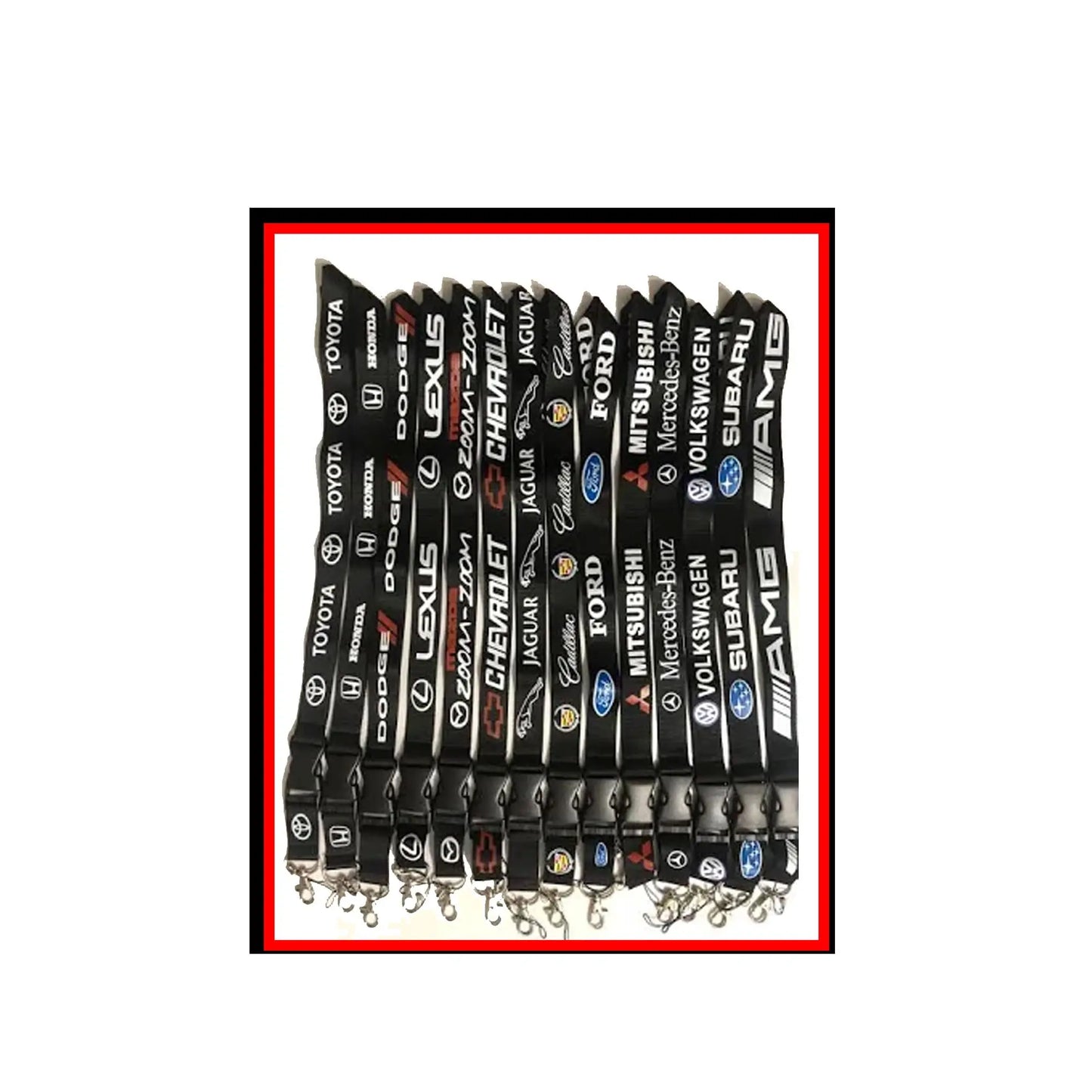 Car brand lanyard keychains with metal keyrings, black straps printed with logos