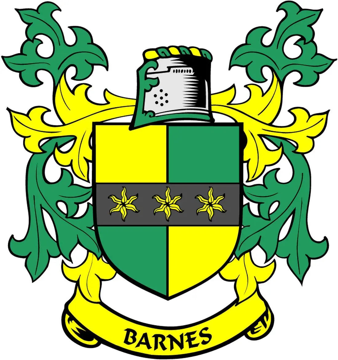 Green and yellow coat of arms shield magnet with 'BARNES' banner and ornate emblem