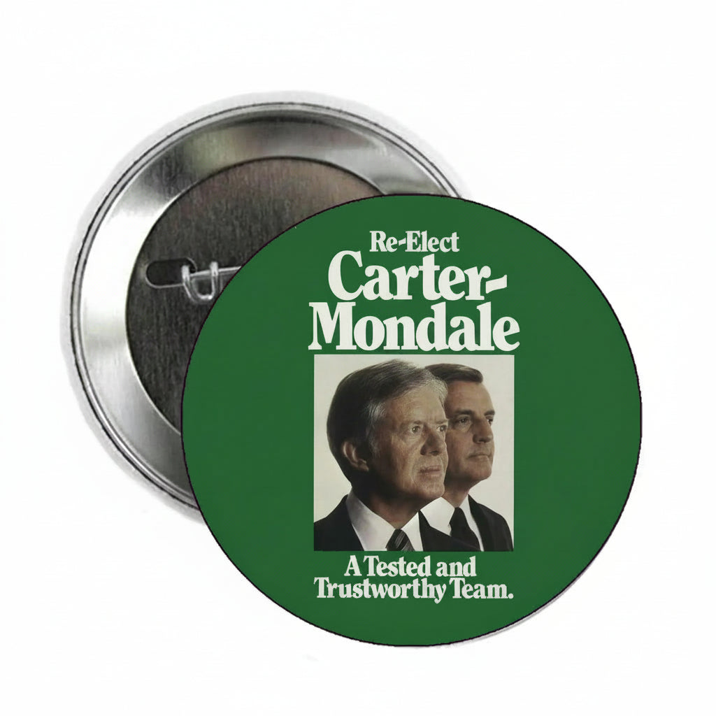 Round green political pinback button badge with Carter Mondale text and two candidate portraits