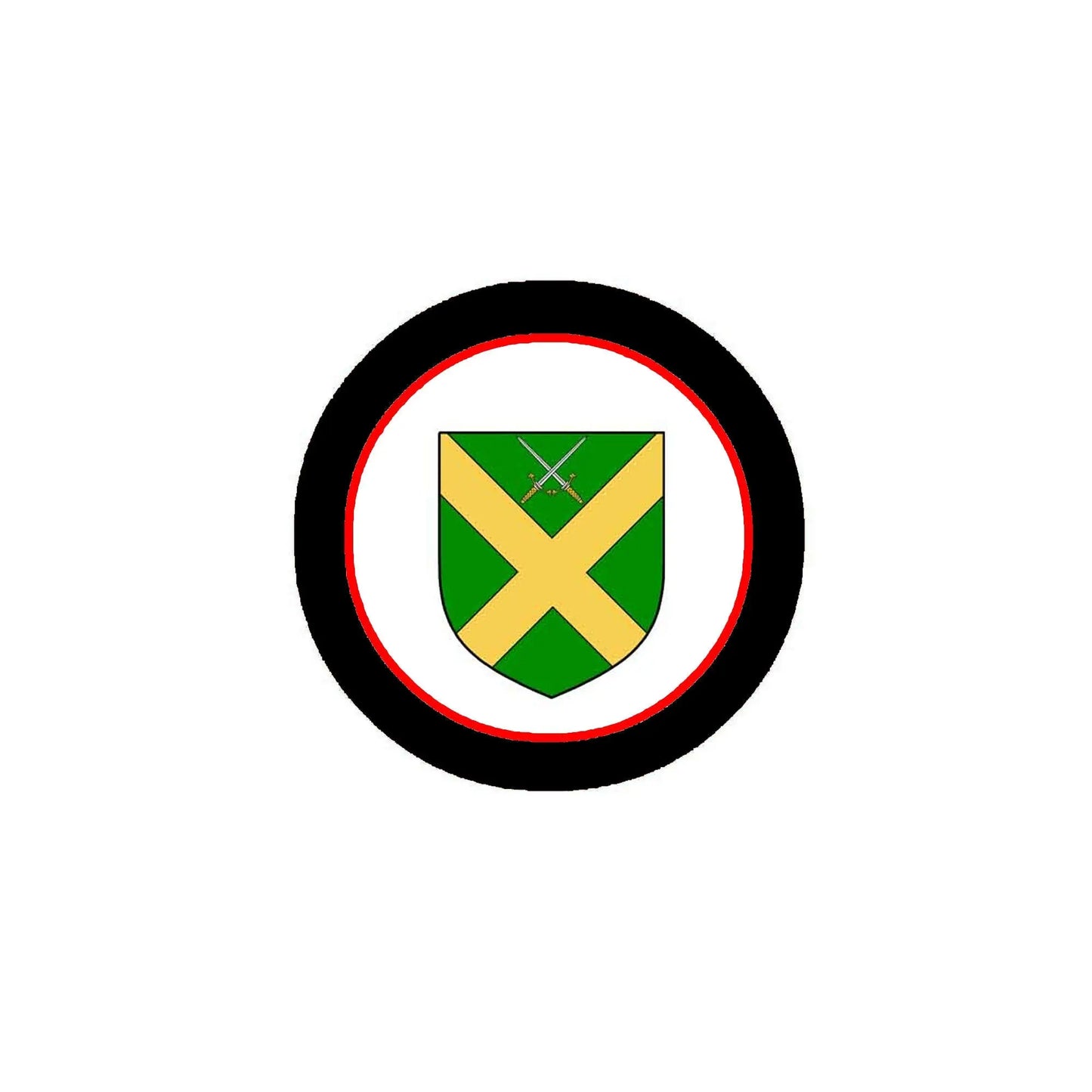 O'Dowd coat arms magnet, 3-inch circular black badge with green-and-yellow shield