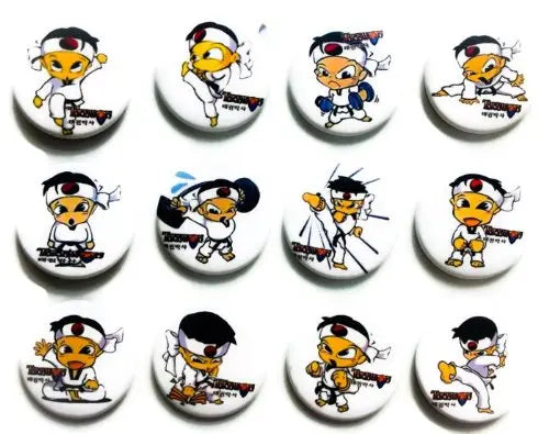 Set of 12 cartoon taekwondo pinback buttons, round enamel pins with action characters
