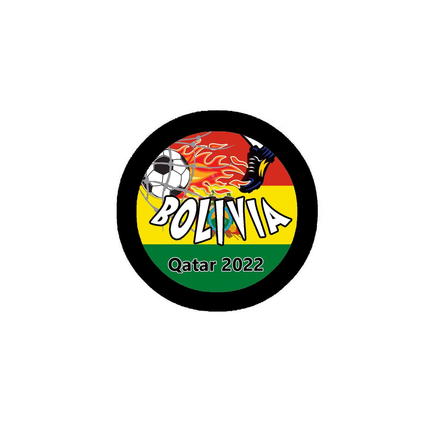 Round Bolivia football pinback button with soccer ball and “Qatar 2022” text