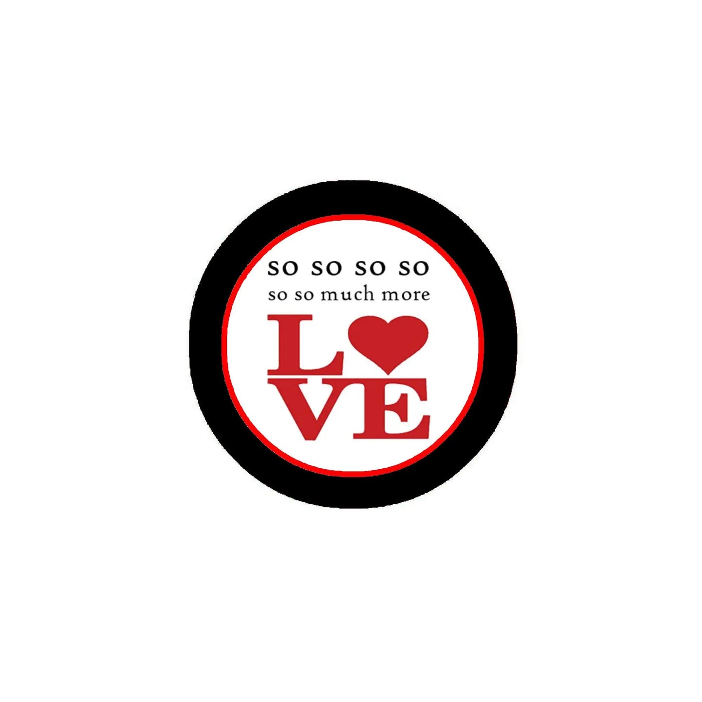 Black 2.25-inch pinback button with LOVE logo, red hearts, and red text on white