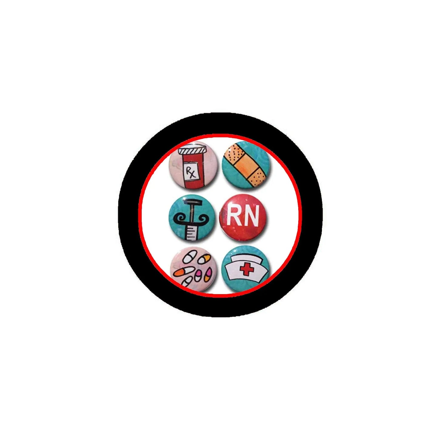Round nurse pinback button with RN and medical icons, black outer ring