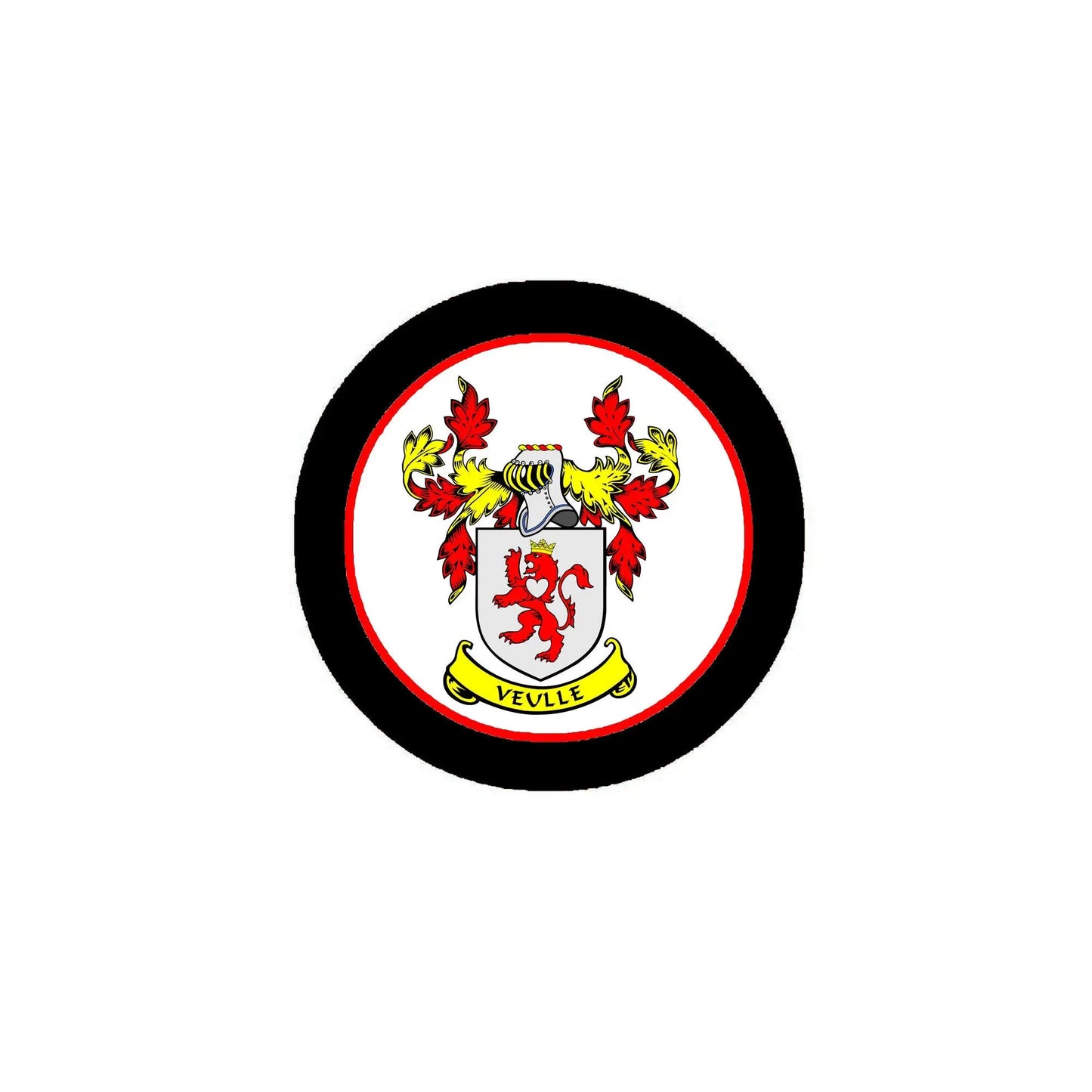 Round family crest pinback badge with colorful heraldic shield in black border
