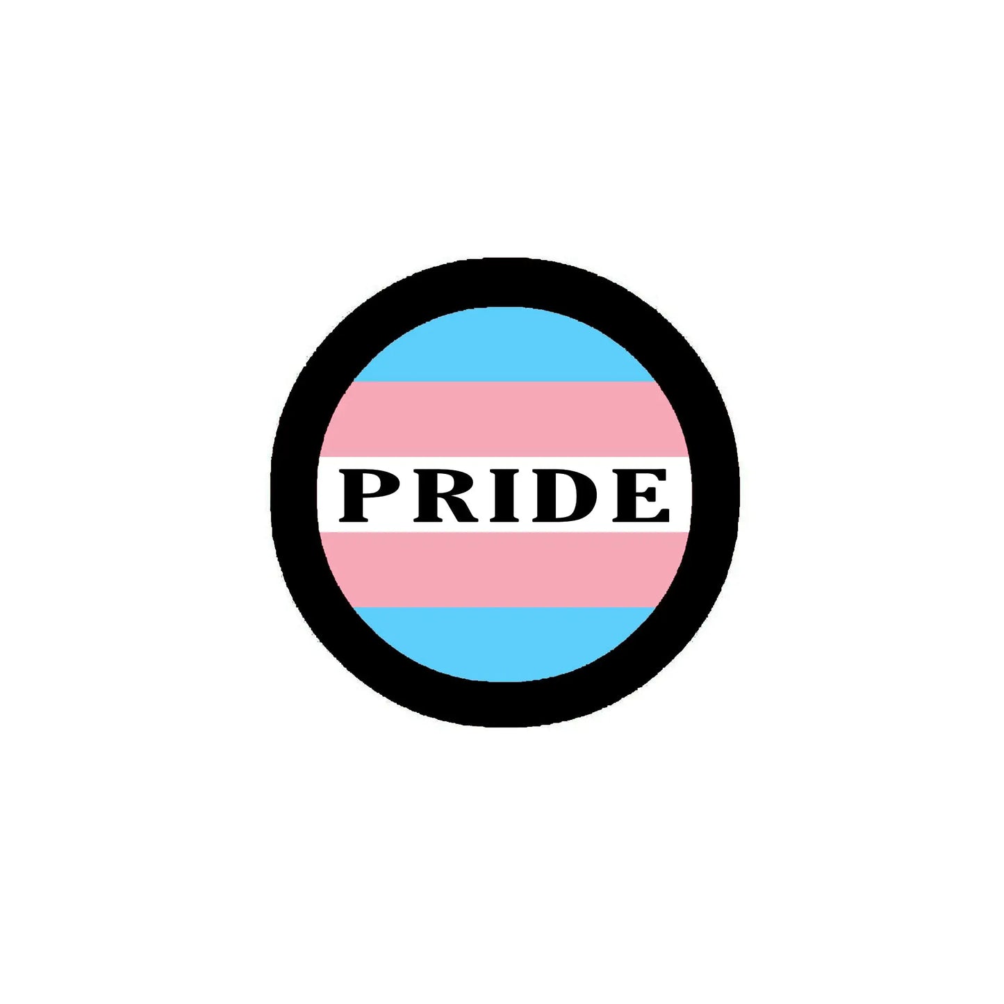 Transgender pride badge pin with circular black border, Pride text on pink and blue stripes