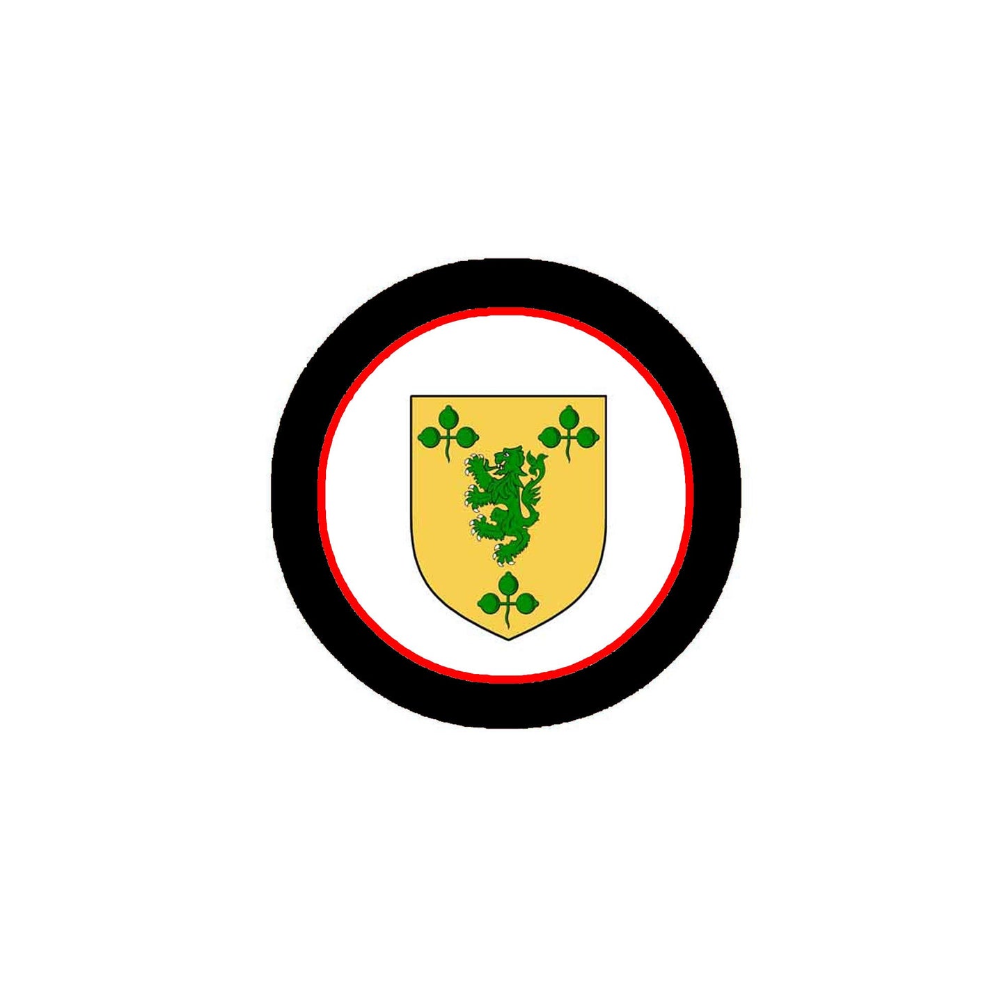 Circular coat-of-arms magnet with black border, red ring, and gold shield with green emblem