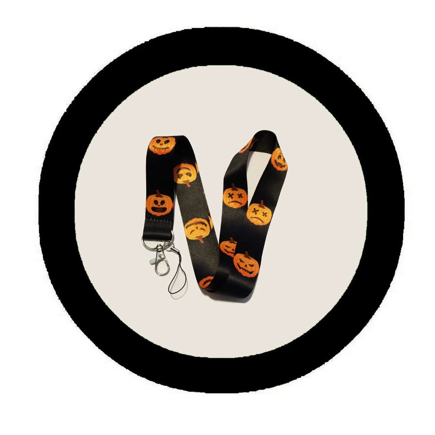 Halloween pumpkin themed lanyard set with black straps and jack-o'-lantern icons