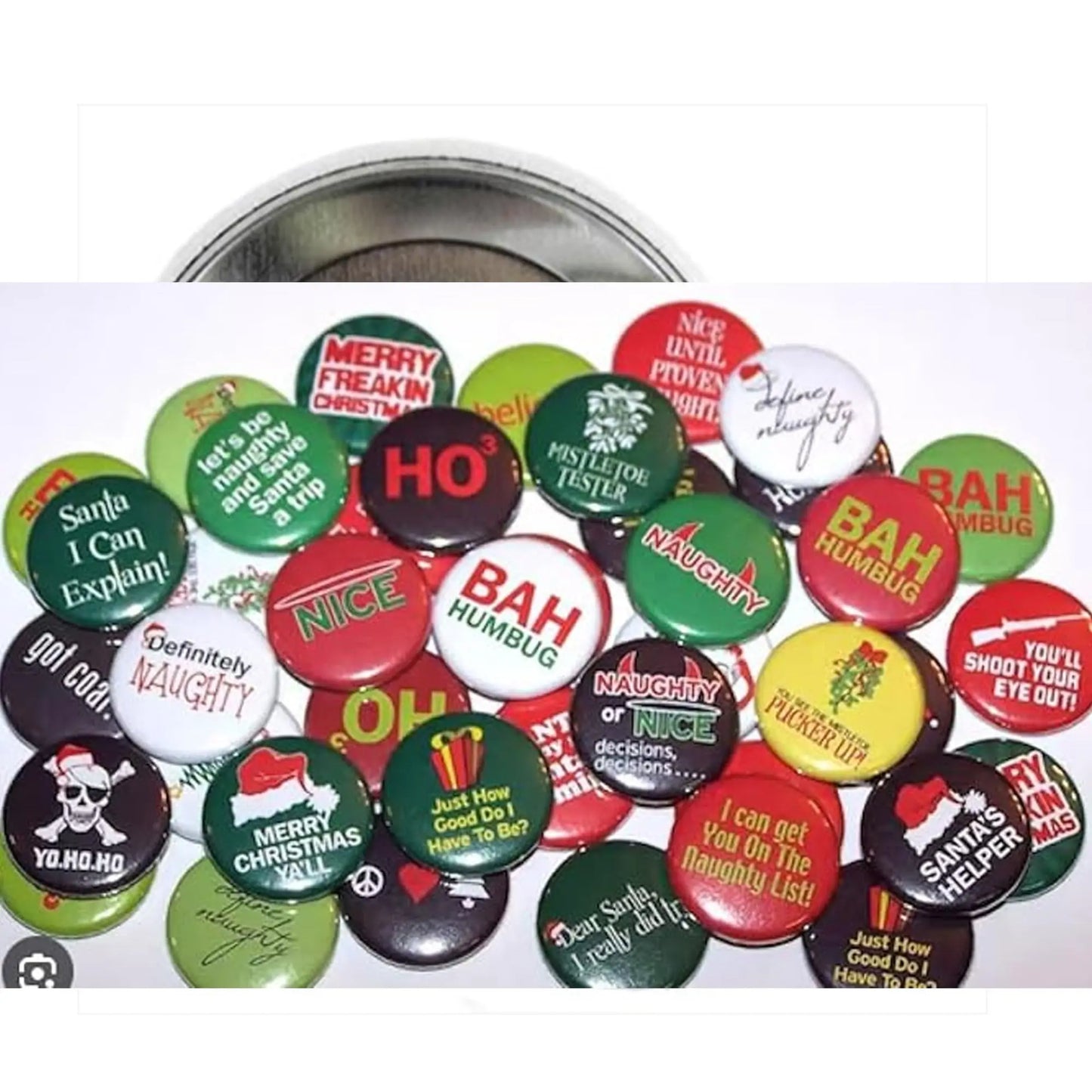 Assorted round holiday pinback buttons with colorful sayings, green red and gold