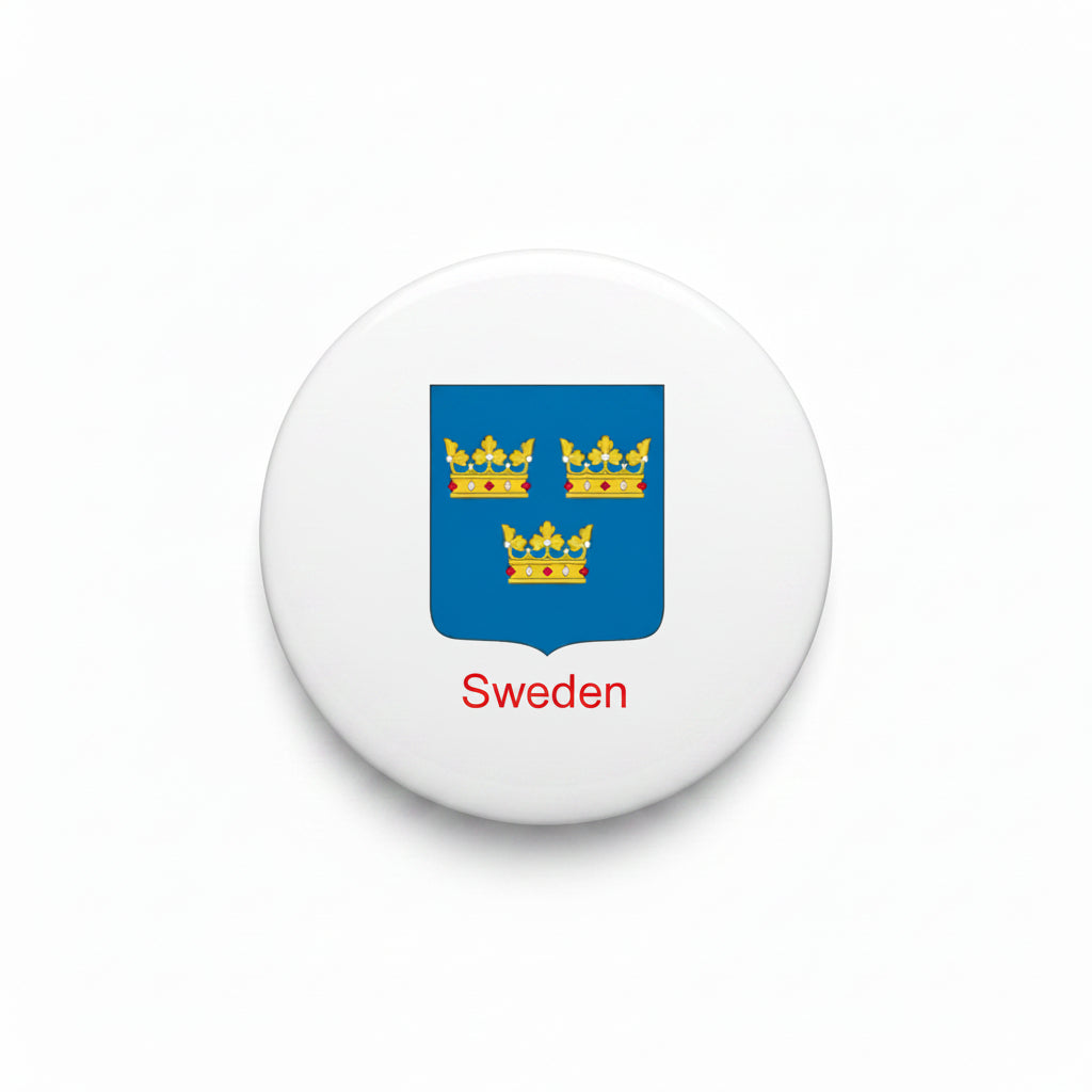 Round pinback badge with Sweden text and blue coat-of-arms shield, black rim