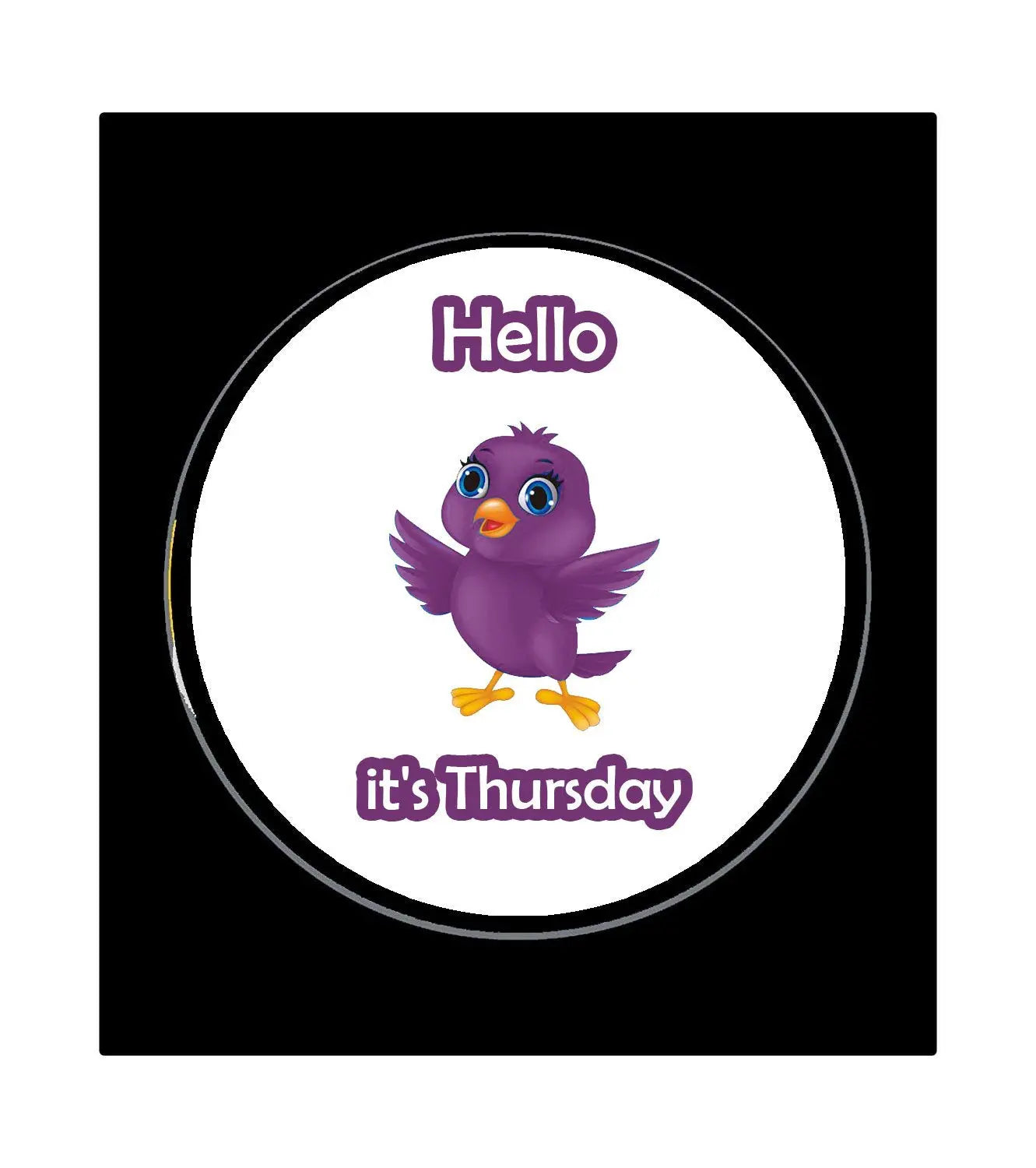 Pinback badge with “Hello” text, purple bird, and “it’s Thursday” design