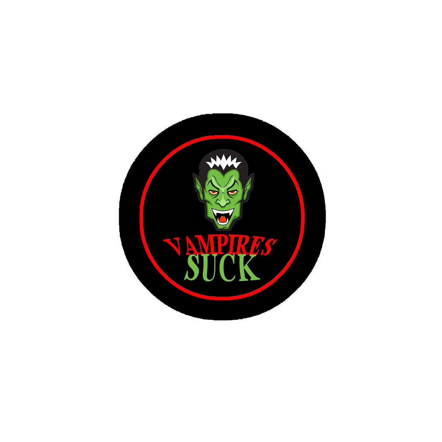 2.25-inch pinback button with black rim, red circle, green vampire and VAMPIRES SUCK text