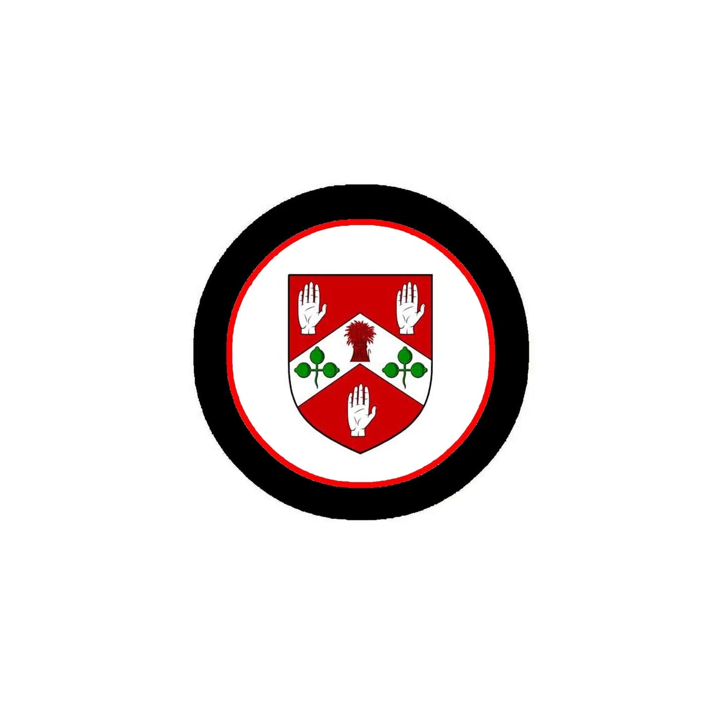 Round coat of arms magnet with black rim and red-and-white shield design