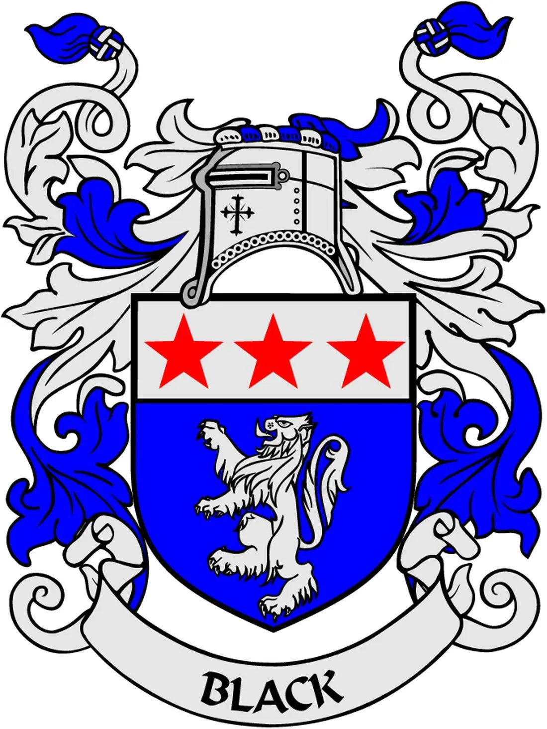 Family crest magnet: blue shield with lion, three red stars, 'BLACK' label