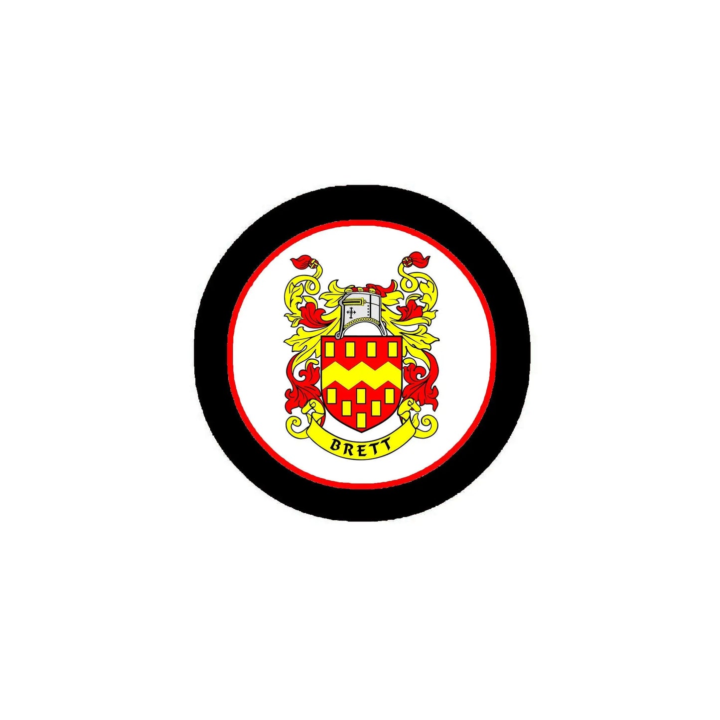 Round coat of arms pinback with black border and colorful crest