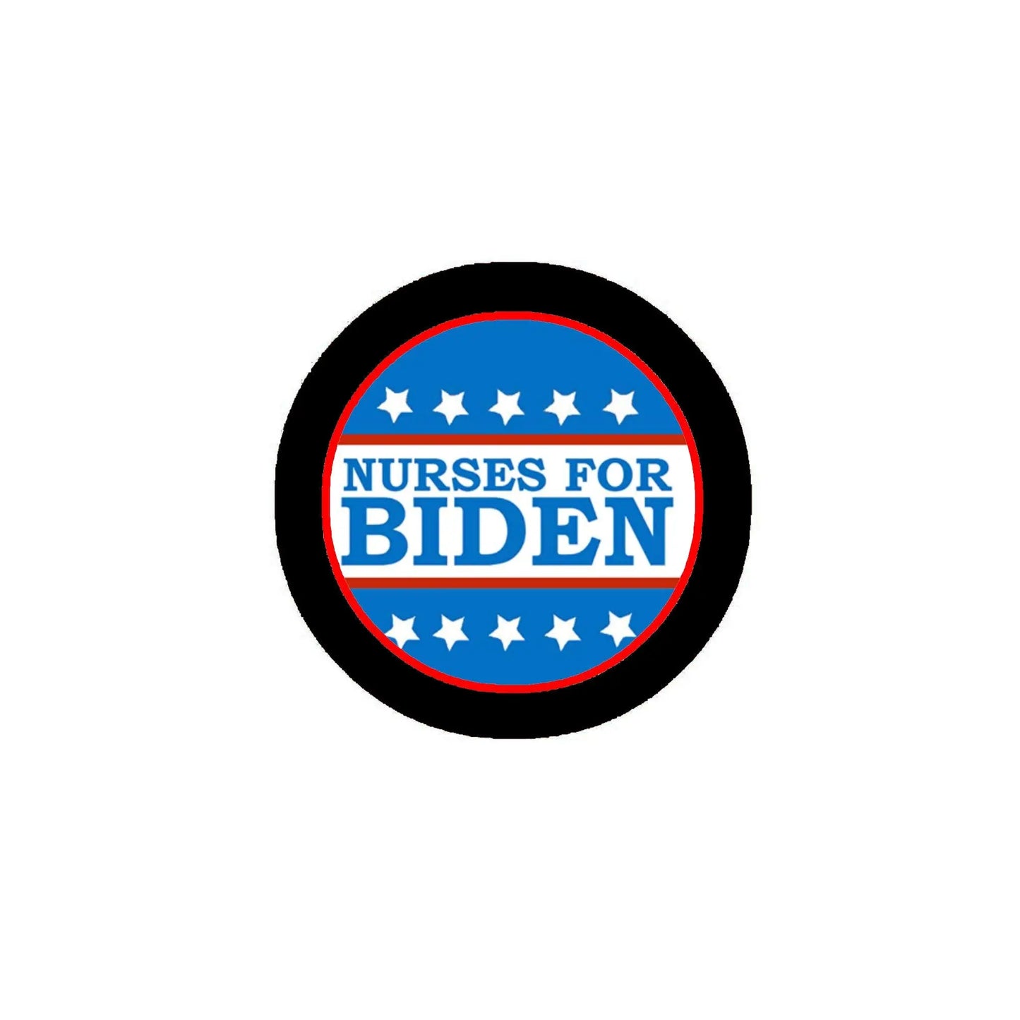 2.25-inch pinback badge: black rim, 'NURSES FOR BIDEN' on blue/red with stars