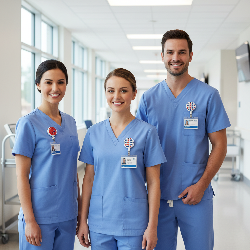 Nurse-themed retractable badge reels clipped to blue scrub tops with ID badge cards