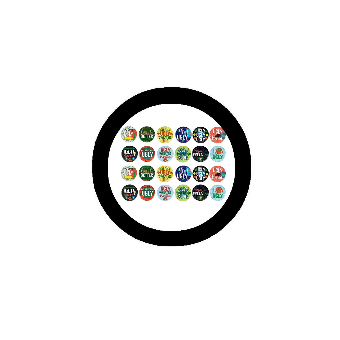 Round pinback button with black rim and colorful holiday text icons, 2.25 in