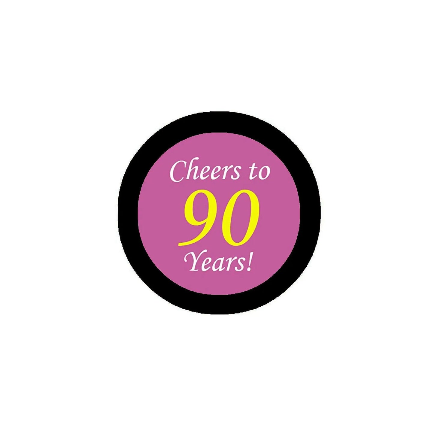Round birthday sticker with “Cheers to 90 Years!” text in pink and gold