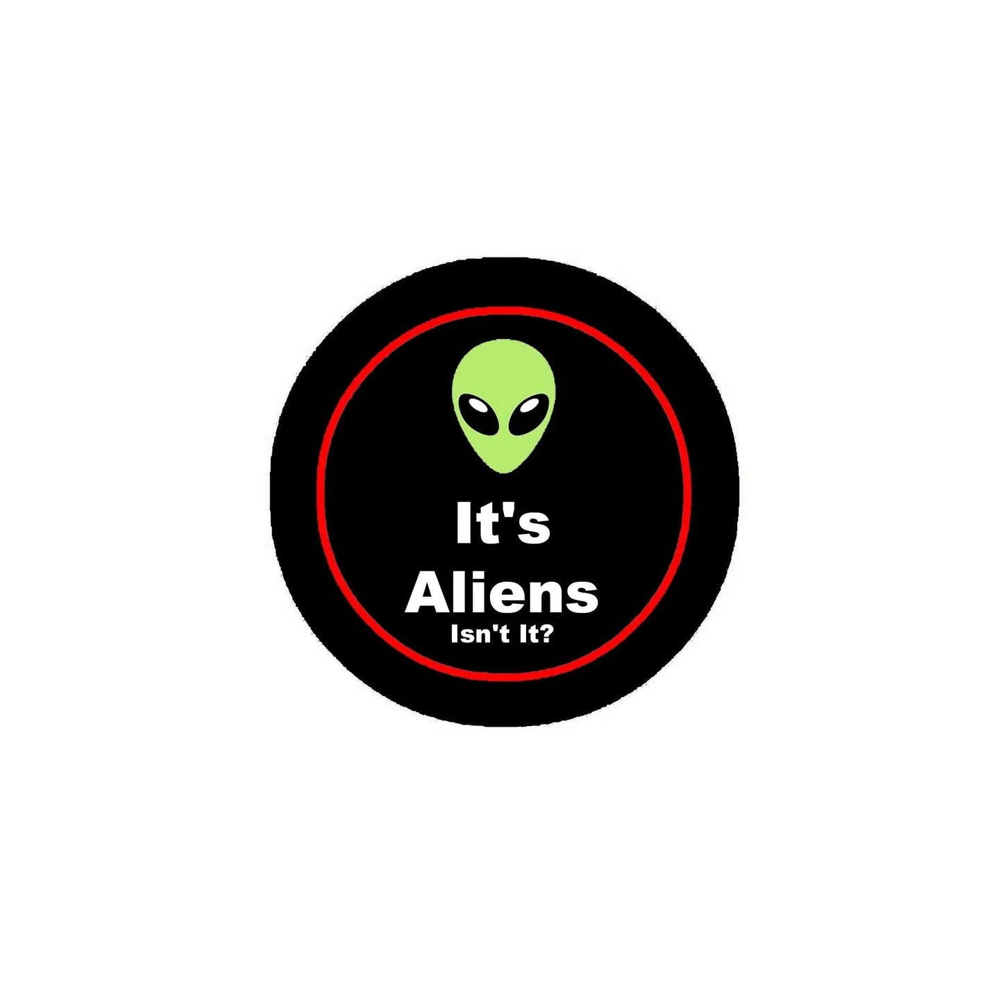 2.25-inch pinback button: black with red ring, green alien face