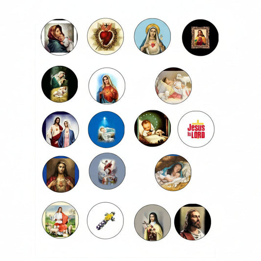 Set of 15 round pinback buttons with Jesus and Mary religious icons