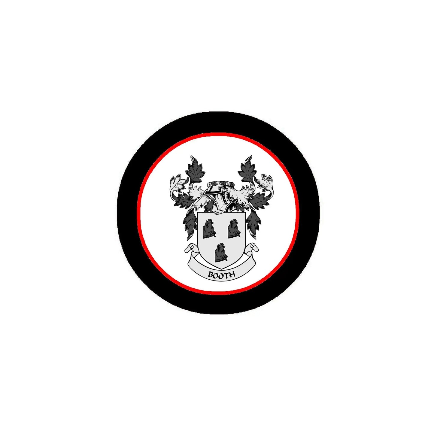 Circular Booth family crest magnet with black rim and red border coat of arms