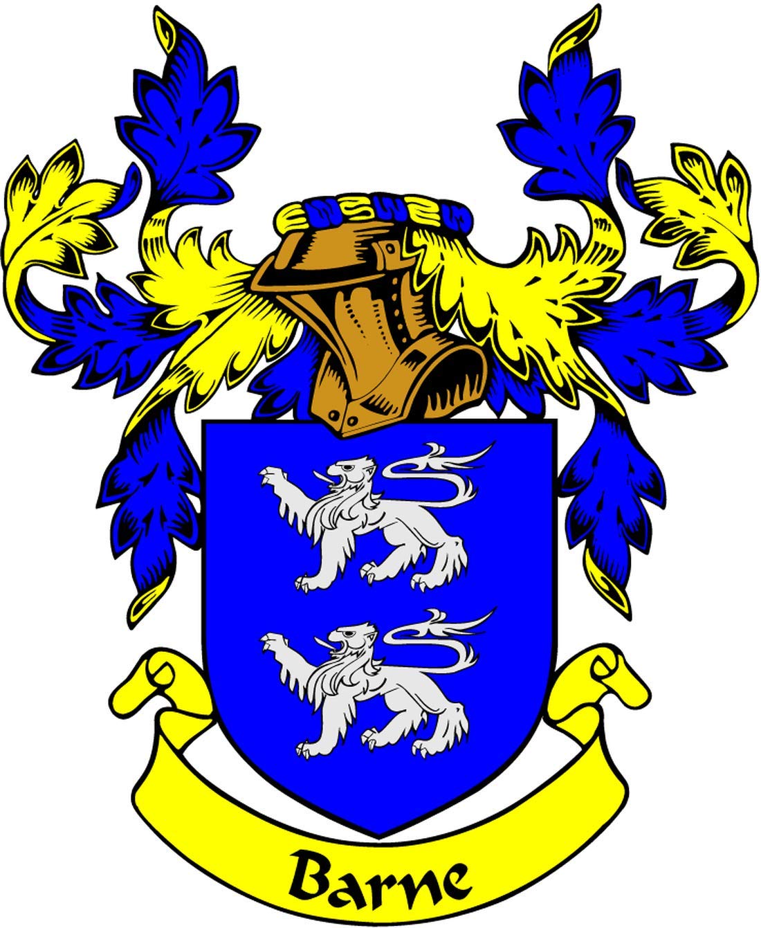 3-inch Barne family crest coat-of-arms magnet with blue shield, lions, and yellow banner