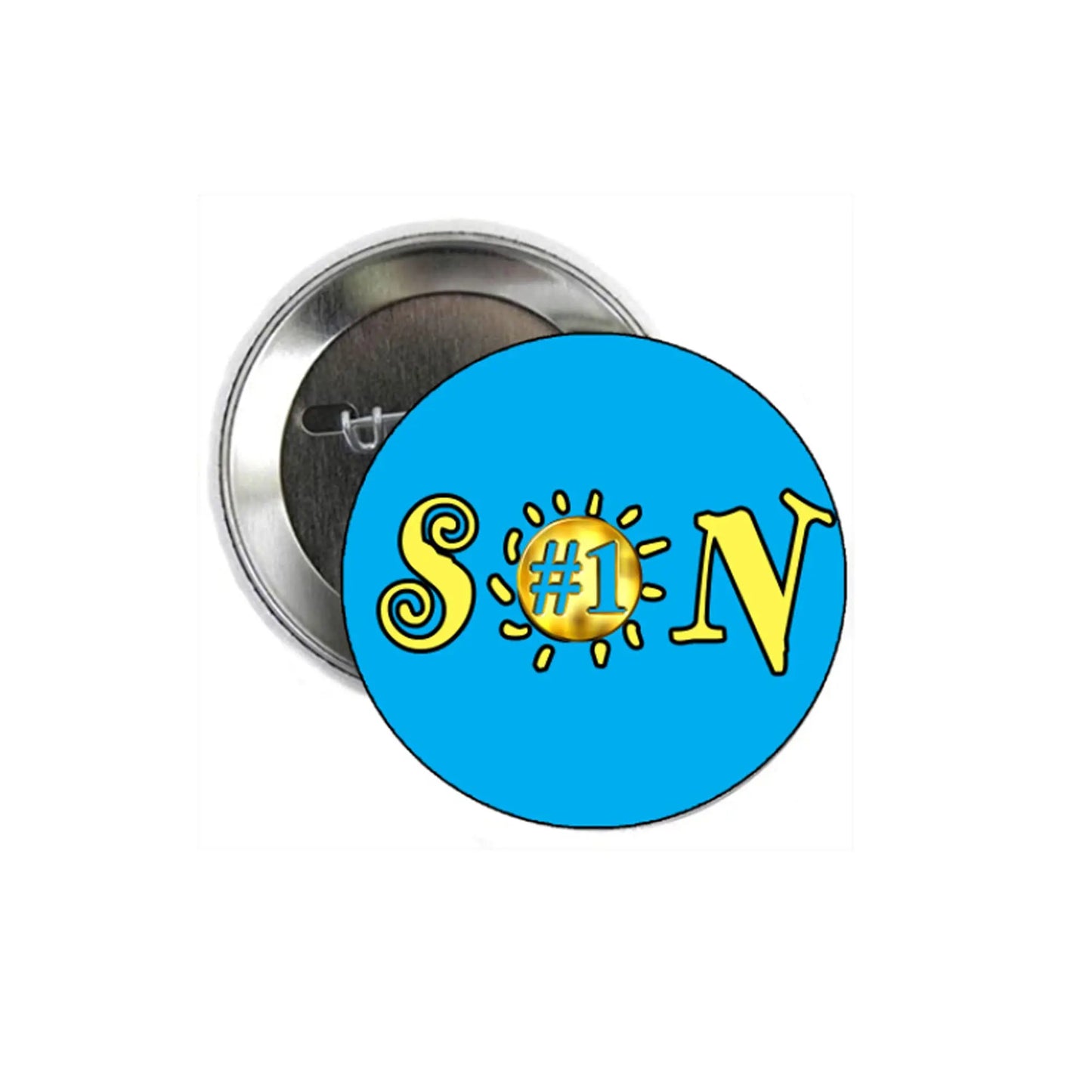 2.25-inch pinback badge with blue circular front and yellow āS!#1-Nā sun icon design
